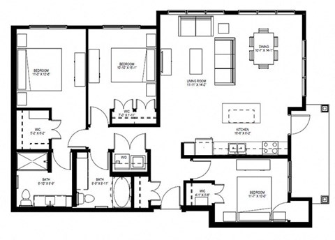 Floor plan for 3 beds, 2 baths, 1406 sqft